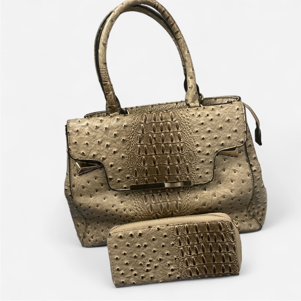 Elegant Gold Textured Women's Handbag and Wallet Set